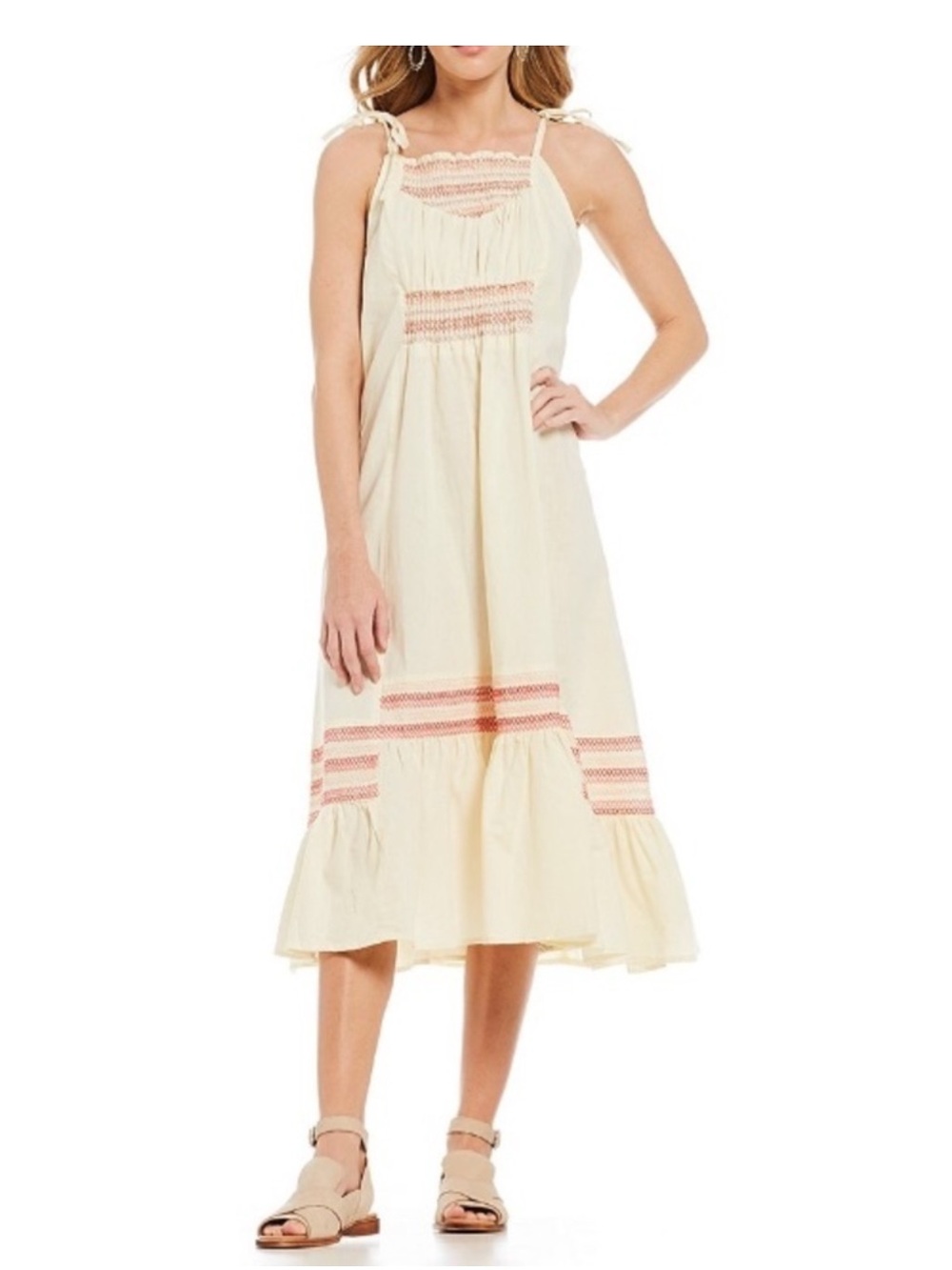 Free People Cream Smocked Tie-Strap Midi Dress with Pink Embroidery Size M